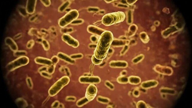 Microscopic view of bacterial cells: animated and rotating in a reddish-brown liquid, showcasing microbial life