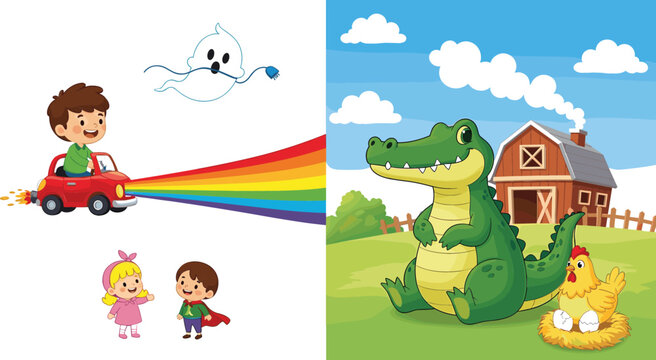 Kids imagination scene with rainbow car ghost and farm crocodile with chicken nest cartoon vector illustration set