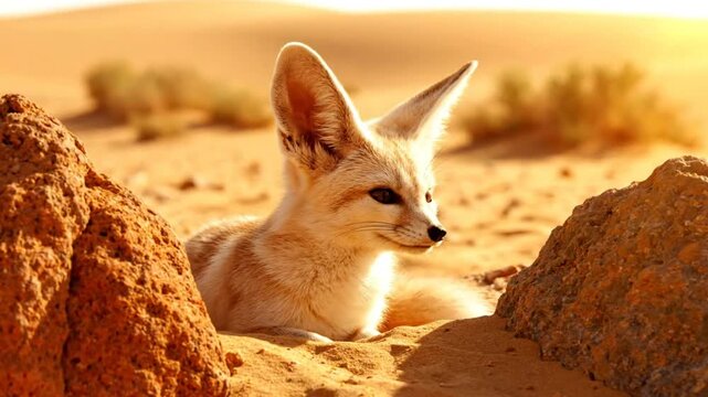 Fennec fox resting in the desert sand with large ears in beautiful warm sunlight