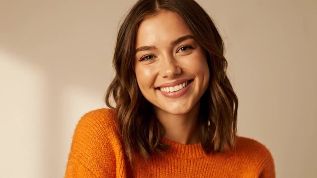 Cheerful young woman with brown hair smiles broadly while wearing an orange sweater against a neutral background