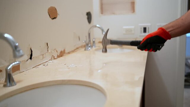 Construction worker using a hammer to break and remove bathroom countertop around sink area during renovation. Interior demolition, removal of old materials, home improvement