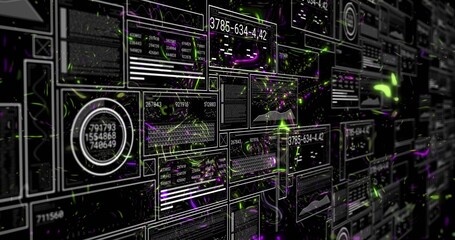 Fototapeta premium Displaying dense grid of data panels and widgets receding on 3D data wall, with neon particles