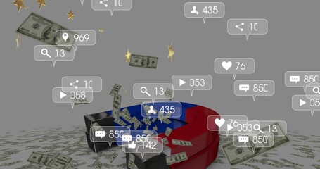 Obraz premium Pulling large horseshoe magnet drawing US bills upward in grey studio, with social notifications