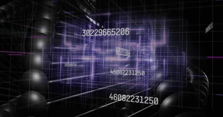 Fototapeta premium Glowing purple data matrix moving in cyberspace tunnel, showing grid, numeric strings and spheres