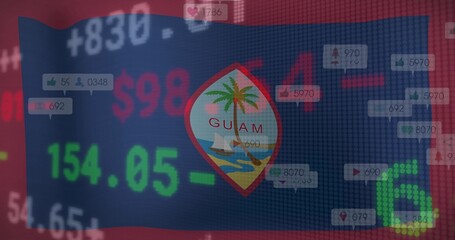 Naklejka premium Displaying Guam flag central seal overlaying digital dashboard with financial tickers, bubble icons