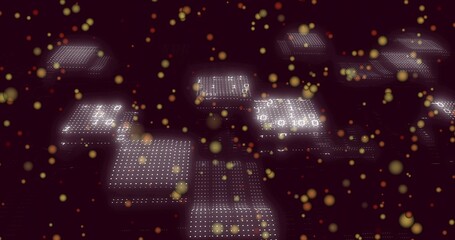 Obraz premium Hovering central cluster featuring lit dot panels with numeric digits in virtual space, gold bokeh