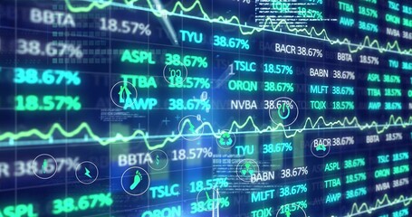 Fototapeta premium Displaying market HUD at trading terminal, showing tickers, percent readouts, neon charts and icons