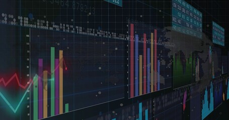 Fototapeta premium Showing multi-panel dashboard with bars, lines, scatter markers on dark data wall, numeric readouts