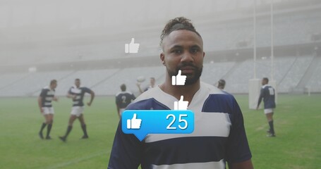 Standing adult male rugby player wearing navy-striped jersey on pitch, holding ball with 25 likes © vectorfusionart