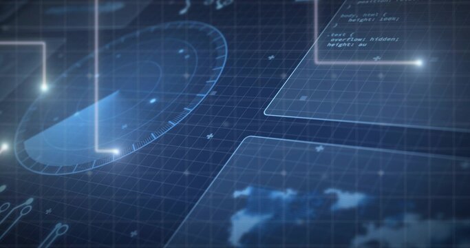 Displaying futuristic HUD showing radar dial, overlay panels, grid, glowing nodes on dashboard