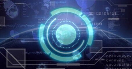 Fototapeta premium Projecting holographic HUD hovering over orbital limb, showing globe, concentric rings, data panels