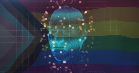 Naklejka premium Displaying cyan wireframe head centered on rainbow flag backdrop, left chevron, grid, markers