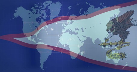 Naklejka premium Showing pale world map on dark grid in graphic, with flag-ribbon nodes, emblem holding spear-torch