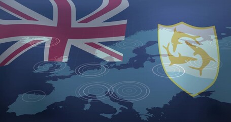 Naklejka premium Showing Europe outline map graphic with Union Jack upper-left 3-dolphin golden shield right ripples