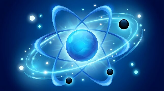 Abstract scientific image of glowing blue atom, electrons orbiting around nucleus.