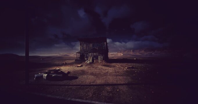 isolated ruin at night with faint glow from broken windows, skeletal structure standing on barren plain, windblown dust and clouded sky create contemplative,