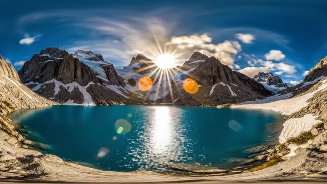 Stunning panorama view of sun reflecting on glacial lake surrounded by majestic mountains