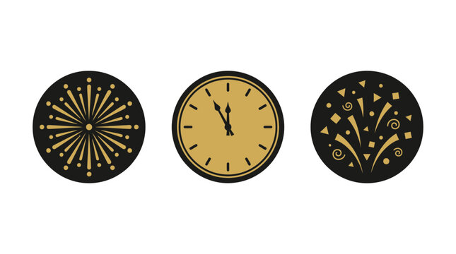 New Year Countdown Clock and Fireworks Icons - Celebration Concept