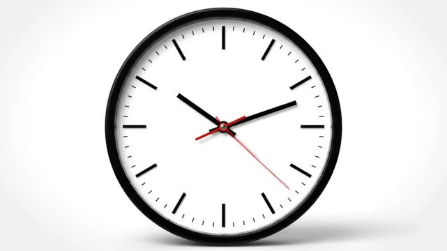 Simple round wall clock ticking showing time passing with red second hand and black hands on white background