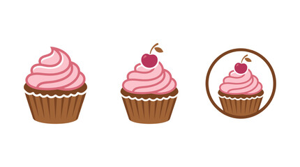 Sweet Cupcake Icons: Pink Frosting, Cherry Topping, and Circle Emblem © NURYANI
