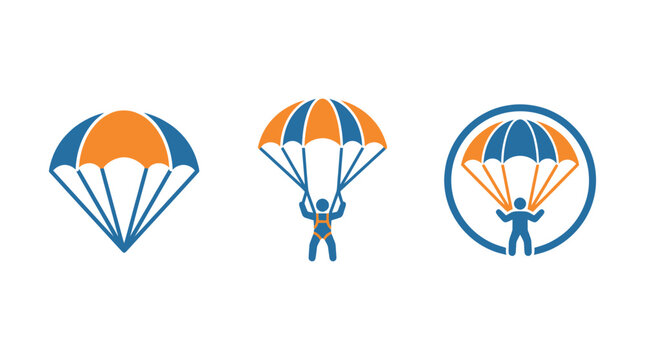 Parachute Jump Icons: Skydiver, Parachute, Circle Emblem - Vector Set