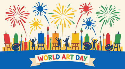 Obraz premium Festive flat vector scene with fireworks made of paint splashes celebrating World Art Day