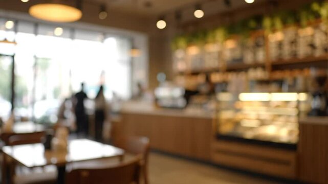 Blurred view of an interior cafe with people walking around and a display case with pastries and snacks