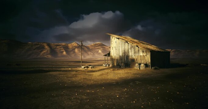 Old cabin under golden mist, Vintage structure surrounded by fog and distant mountains, Remnants of bygone era with atmospheric light and distant silhouettes