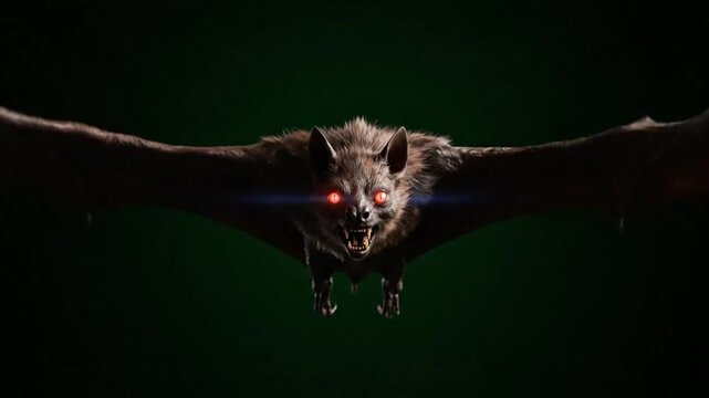 Menacing bat flying forward with glowing red eyes and open mouth against a dark green backdrop