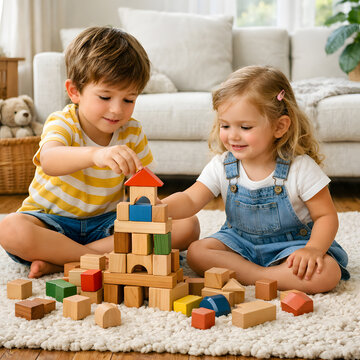 Two children building a tower with wooden blocks