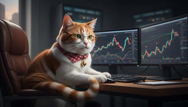 複数のモニターで株価チャートを分析するデイトレーダー猫　金融市場の監視、テクニカル分析、資産運用を象徴するデジタルアート