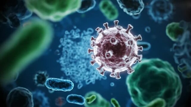 Microscopic view of viruses and bacteria, showing the intricate details of infection agents and microbial life.