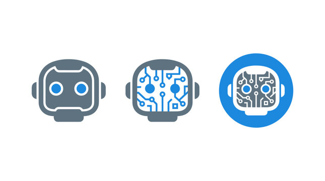 AI Robot Head Icons: Circuit Board Brain, Modern Technology, Artificial Intelligence