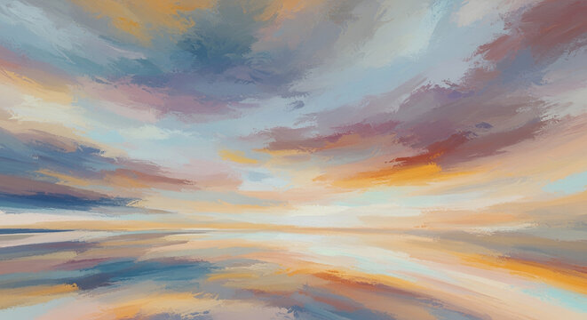 Abstract impressionist sunset over calm water, painted strokes creating a textured sky with soft pastel colors and reflections, serene atmosphere