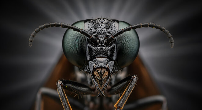 Extreme closeup macro photograph of an insect's head showcasing intricate details of large iridescent compound eyes, antennae