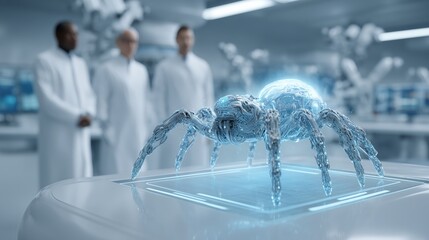 Fototapeta premium A holographic spider above the table. A glowing nanorobot diagram on an interactive panel, four scientists in lab coats next to it, a modern laboratory, and cold lighting.