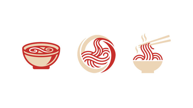 Noodle Soup Icons: Bowl, Swirl Logo, and Chopsticks