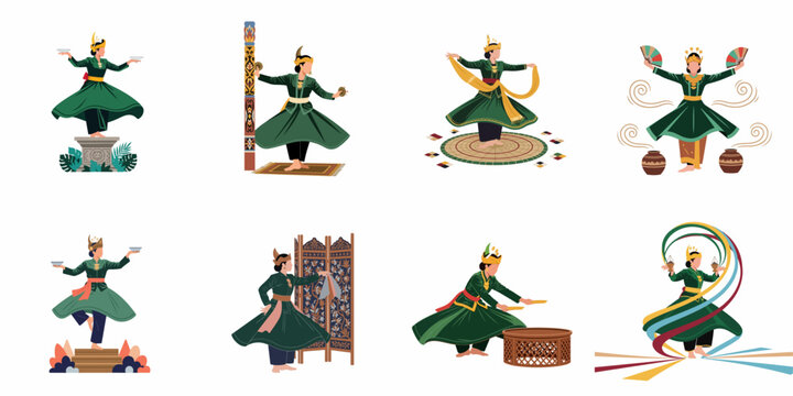 Set of Vector Illustrations Depicting Indonesian Traditional Dancers in Green Costumes Performing Various Cultural Dances like Tari Piring and Tari Kipas
