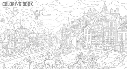 Obraz premium Sketchy cityscape illustration of a busy street with buildings and distant hills, black and white drawing, urban atmosphere