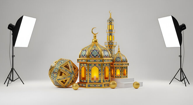 islamic golden mosque lantern and geometric orb setup for studio photography, with softbox lights on tripods, festive decor, elegant, 3d render