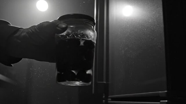 Black and white shot of a person removing a jar of olives from a dark interior lit by two bright lights