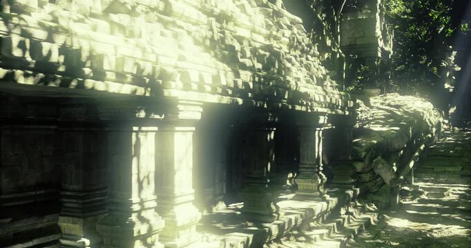 flooded ancient temple pillars mirrored water, moss covered stone corridor bathed in warm light, dense jungle foliage encroaching on carved facades, soft mist