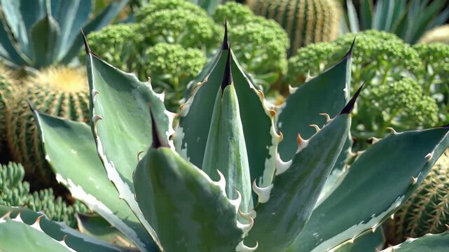Closeup of a vibrant agave plant surrounded by various cacti and succulents.