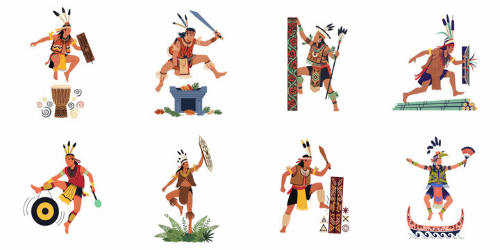 Flat vector illustrations of Dayak tribal warriors and dancers in traditional costumes, performing various cultural activities with weapons, instruments, and ritual objects.