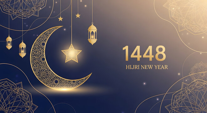 Elegant Al Hijra 1448 illustration, modern Islamic New Year design featuring crescent moon, star and lantern with festive decoration illustration