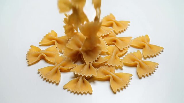 Closeup shot of dry farfalle pasta scattered on a white surface.