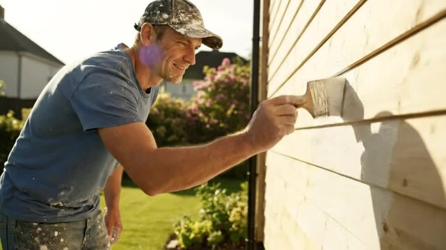 Happy man painting wooden wall outdoors on a sunny day during home improvement project