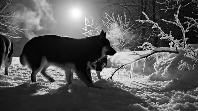 Black and White Winter Scene: Three Wolves Roaming Through Fresh Snow and Snowy Forest at Night