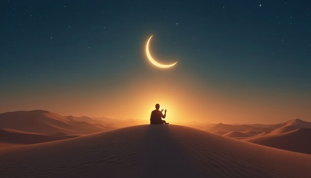 Silhouette Muslim man prays on dune under crescent moon. Desert landscape at night, stars in sky. Spiritual islamic worship, faith and peace.