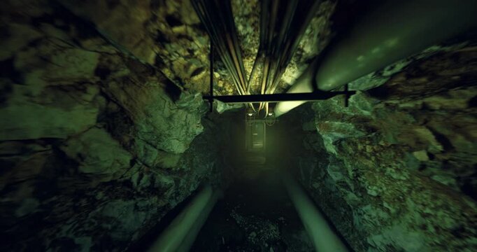 dark underground mine tunnel with lamps, narrow corridor framed by rusted rails and overhead pipes, moody green glow from hanging bulbs, inspection drone